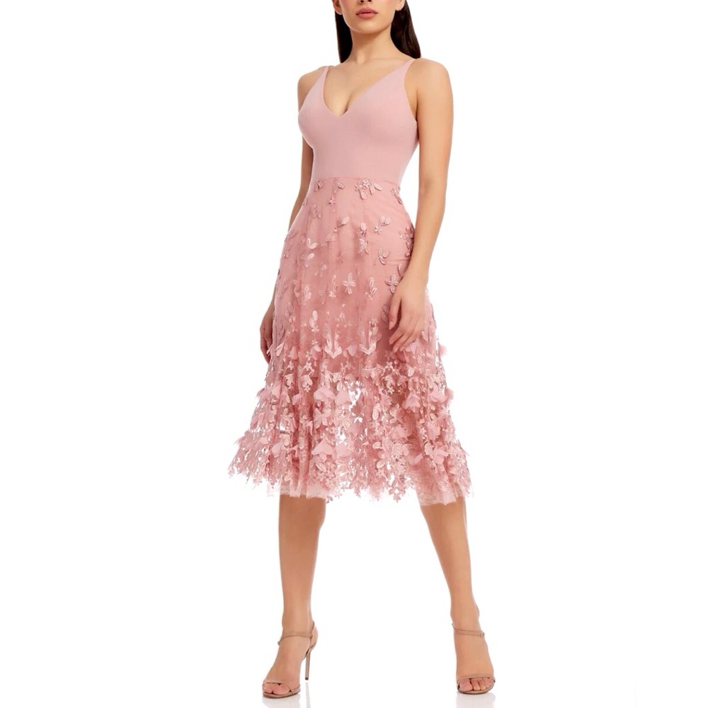 Dress The Population Blush Pink Darlene 3D Floral Lace Midi Dress